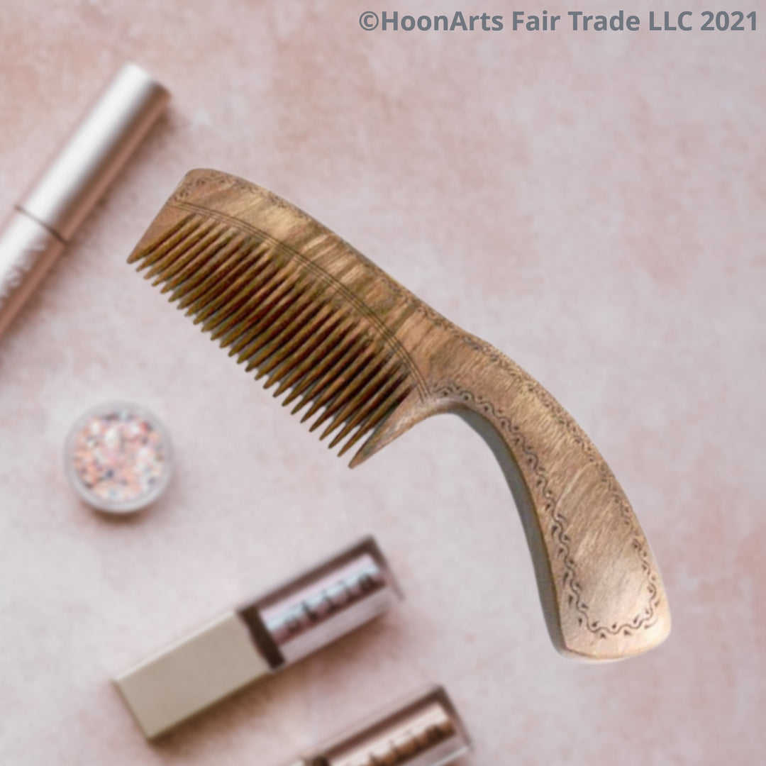Hand Carved Wooden Comb with Handle-Walnut - Fair Trade (Wide Teeth or Narrow Teeth) - HoonArts - 2
