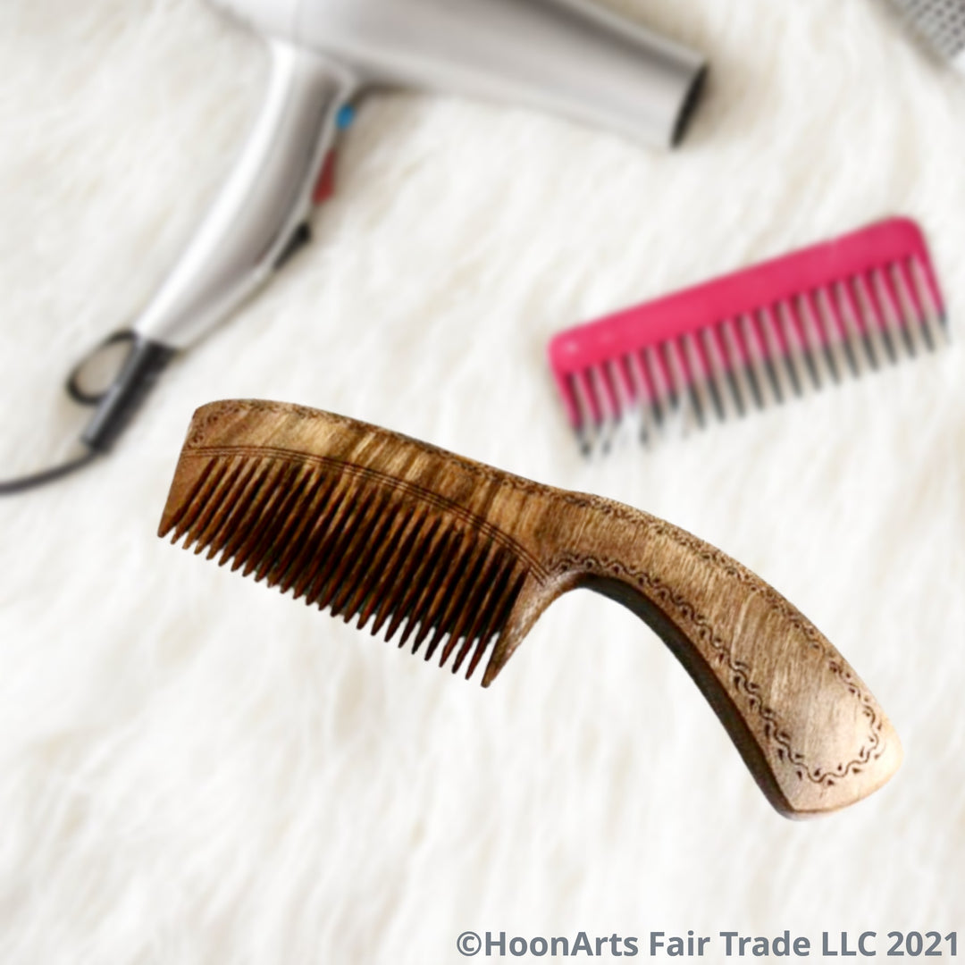 Hand Carved Wooden Comb with Handle-Walnut - Fair Trade (Wide Teeth or Narrow Teeth) - HoonArts - 4