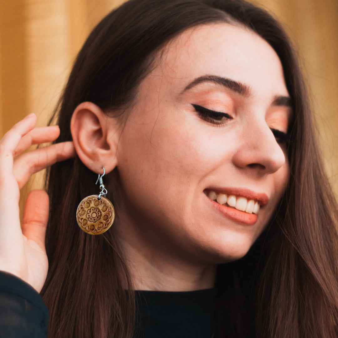 Hand Carved Wooden Earrings-Round