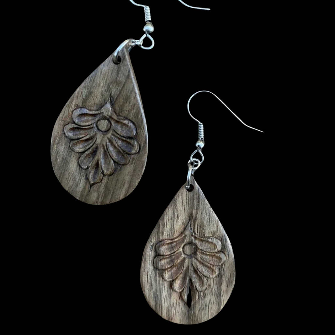 Wooden earrings - teardrops with flowers hand carved on walnut wood