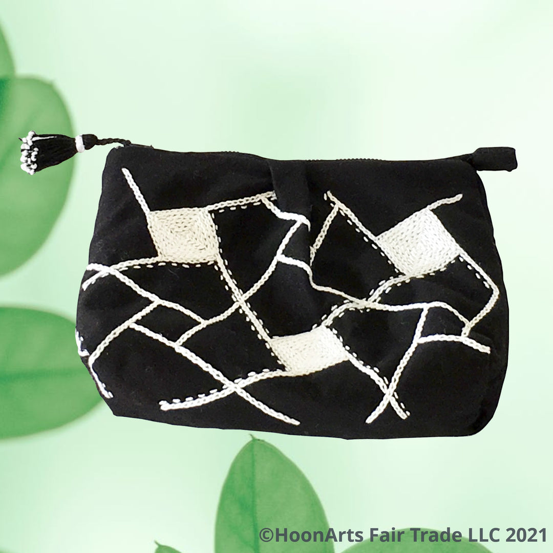 hand embroidered black & white geometric design clutch bag HoonArts