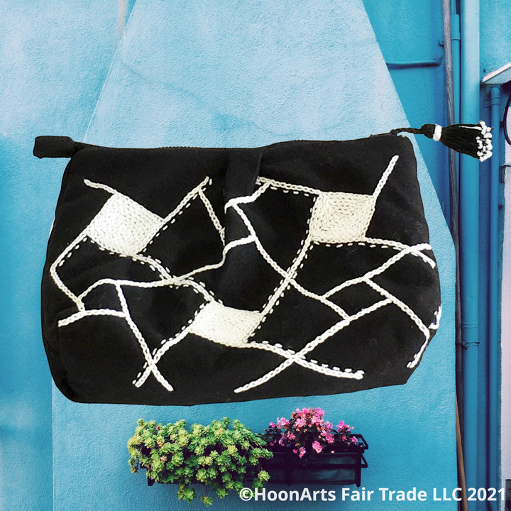 Hand-Embroidered White Geometric Patter Black Clutch Bag | HoonArts