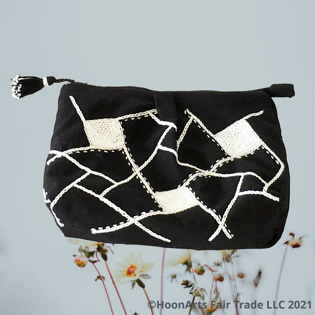 Black Clutch Bag With Beautiful White Geometric Design | HoonArts