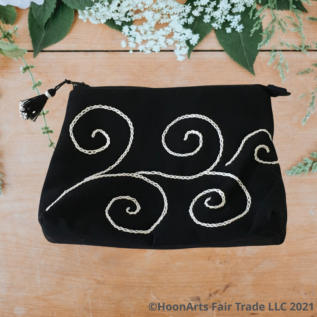 Fun White Swirl Design On Black Clutch Bag Perfect For Daily Casual Wear | HoonArts
