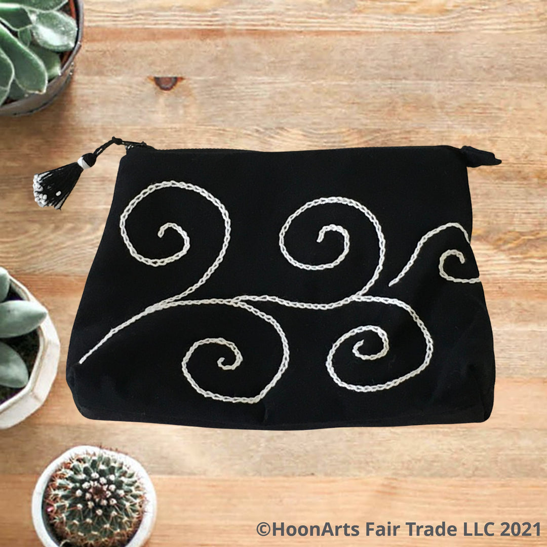 Hand Embroidered Playful Swirl Pattern Black & White Clutch | HoonArts