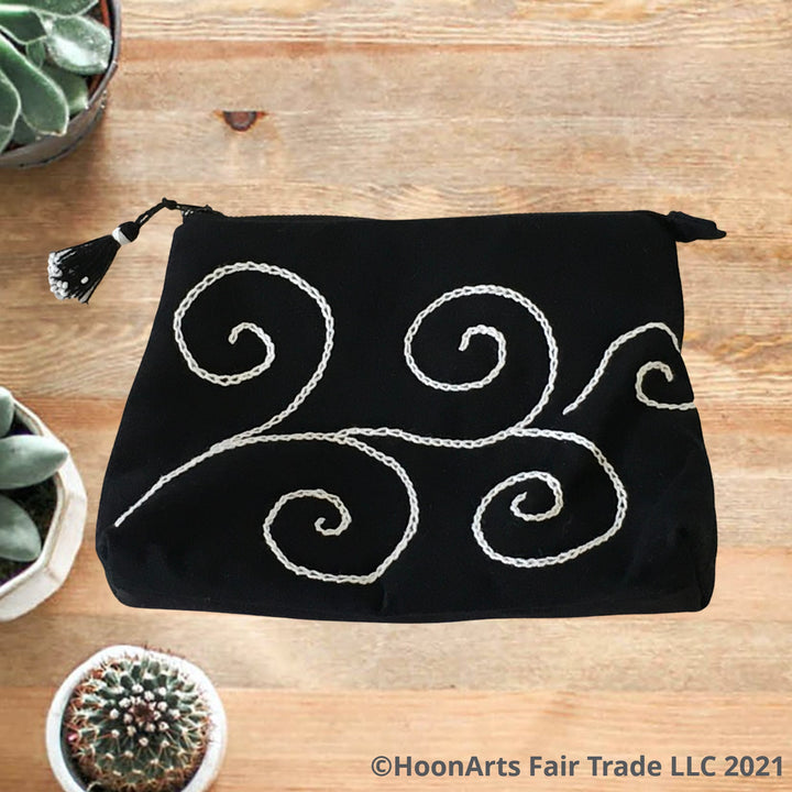 Hand Embroidered Playful Swirl Pattern Black & White Clutch | HoonArts