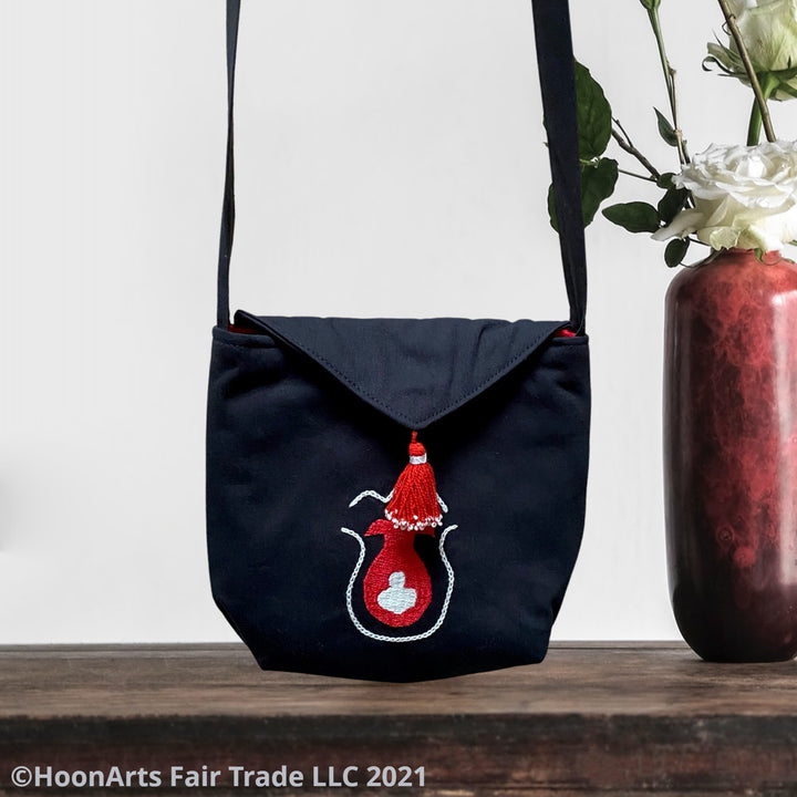 Red And White Pomegranate Pattern Embroidery Shoulder Bag | HoonArts Fair Trade