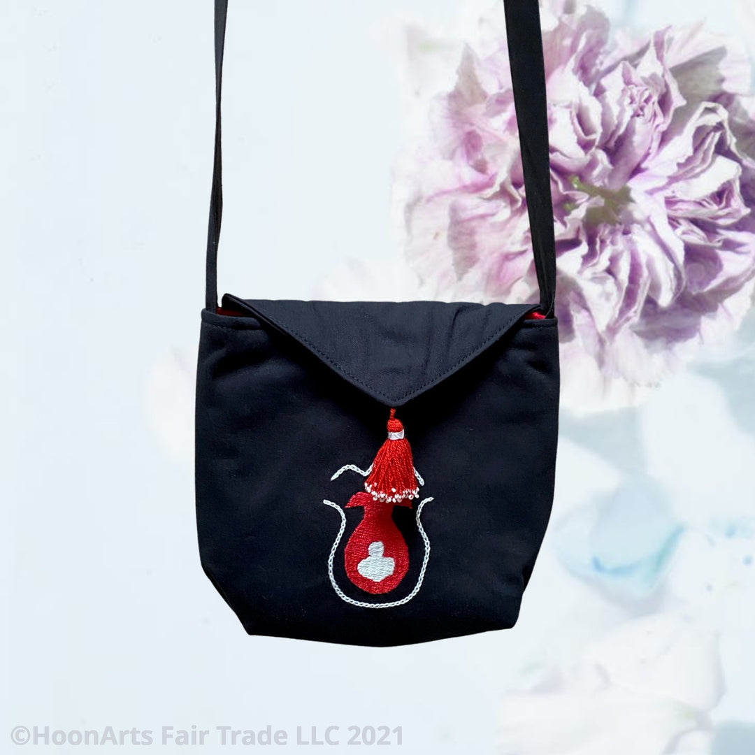 Beautiful Hand Embroidered Pomegranate Design Cross-Body Shoulder Bag For Any Casual Wear Or Casual Occasion | HoonArts Fair Trade
