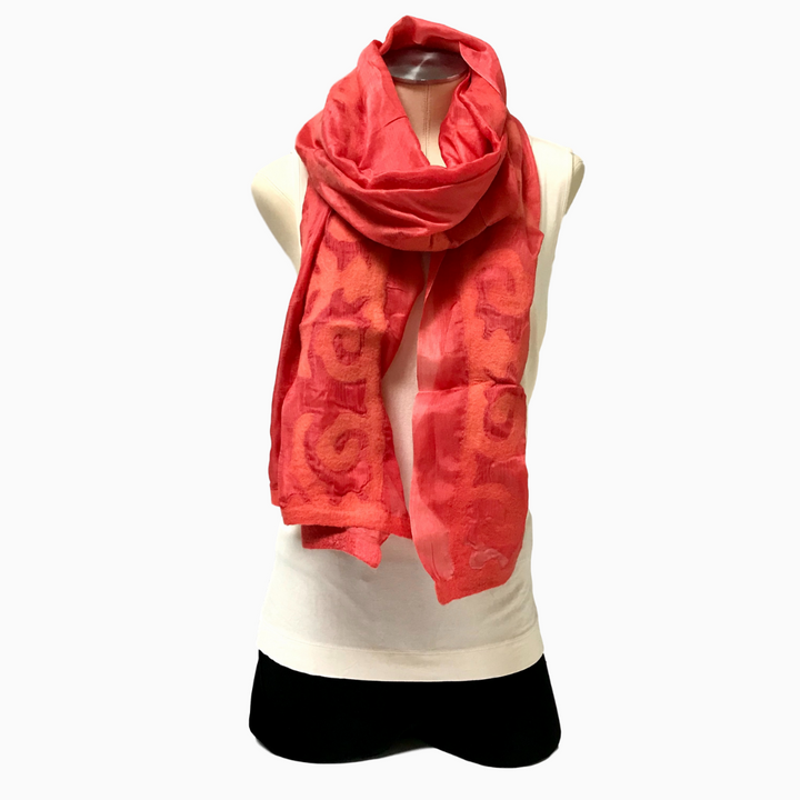 Handmade Coral Felted Silk Scarf with Tribal Patterns from Kyrgyzstan