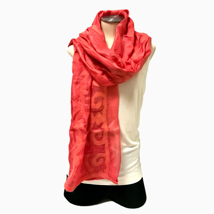 Handmade Coral Felted Silk Scarf with Tribal Patterns from Kyrgyzstan