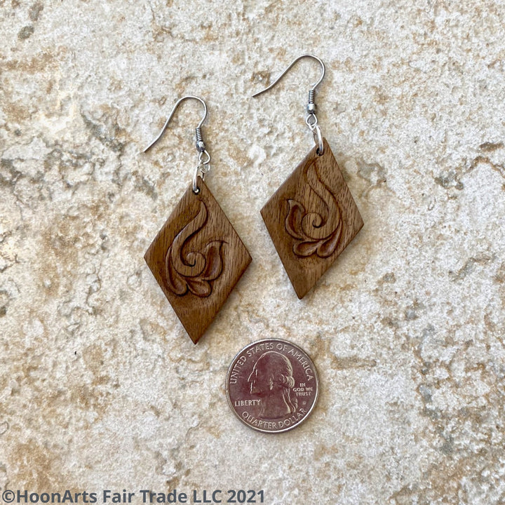 Hand Carved Earrings - Swirled Flower on Diamond | HoonArts 10