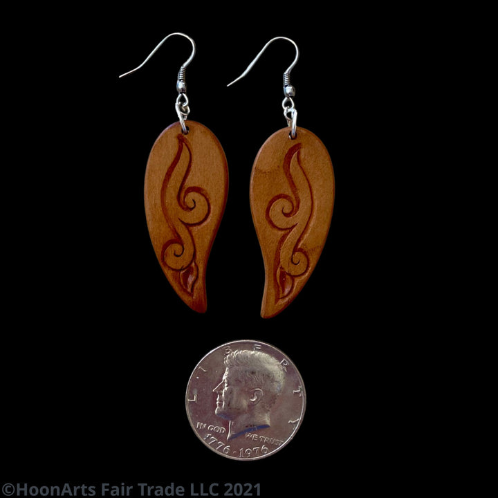 Hand Carved Earrings -Leaf with Swirl | HoonArts 6