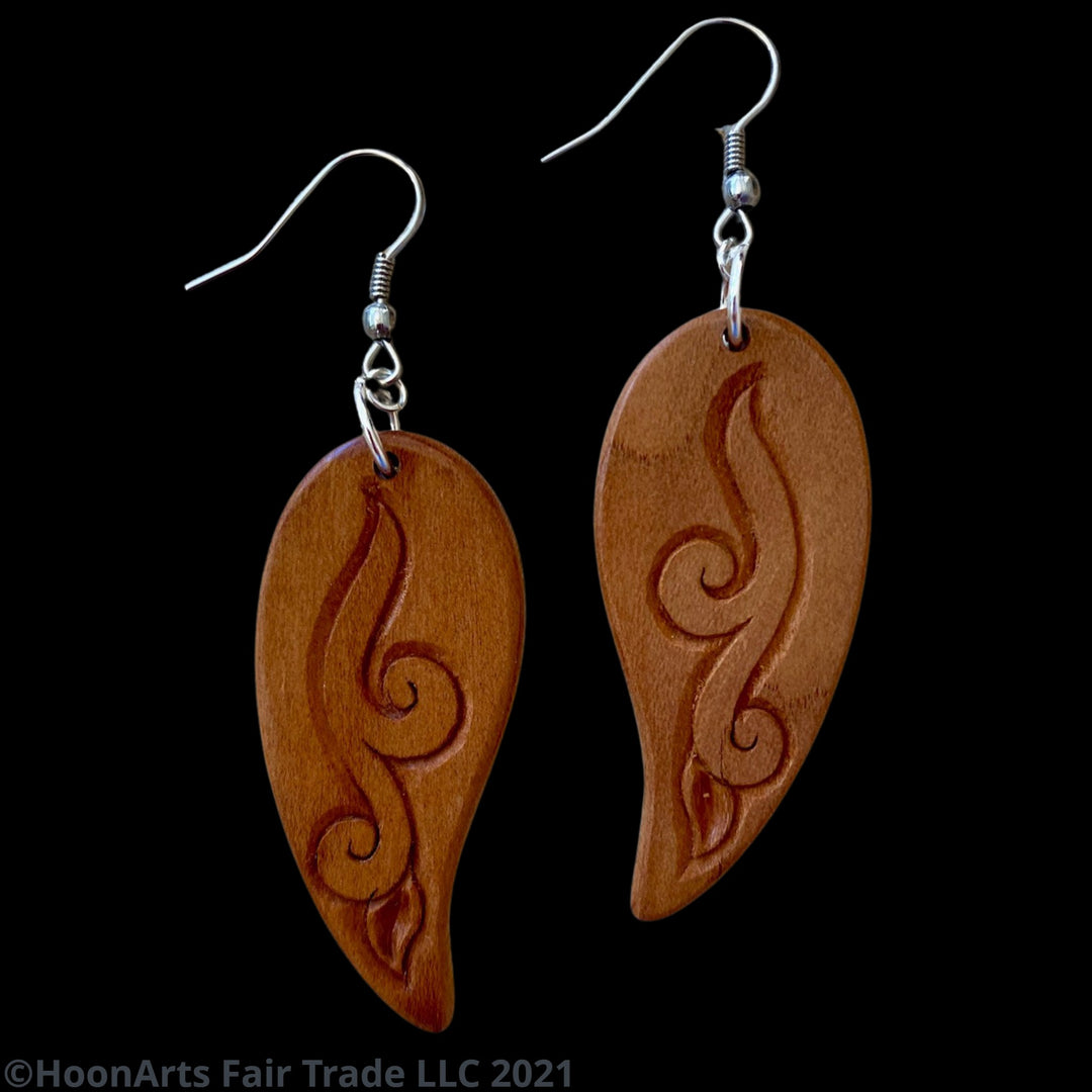 Hand Carved Earrings -Leaf with Swirl | HoonArts 3