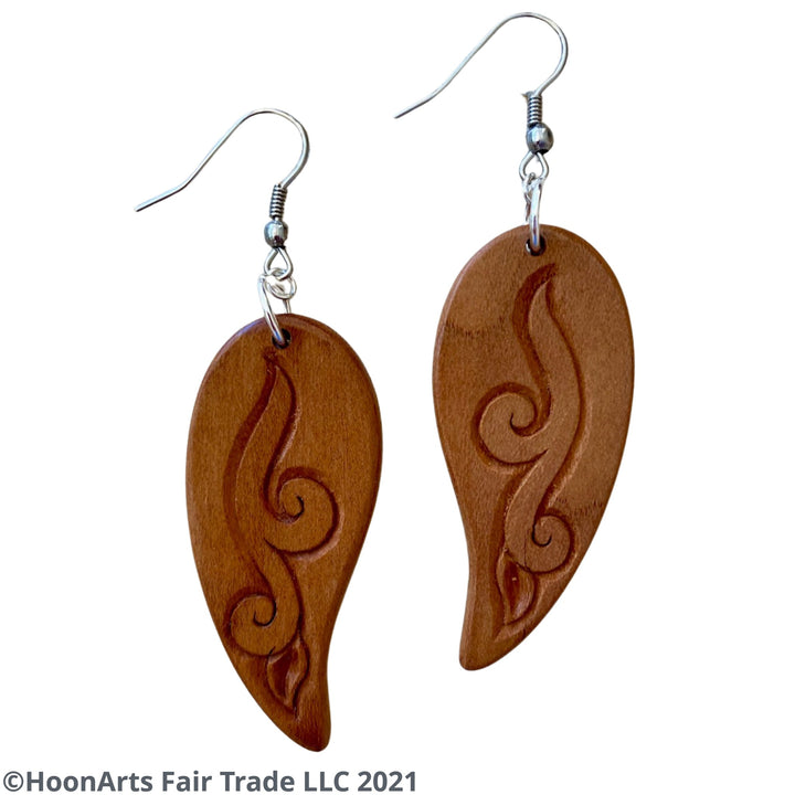 Hand Carved Earrings -Leaf with Swirl | HoonArts 2