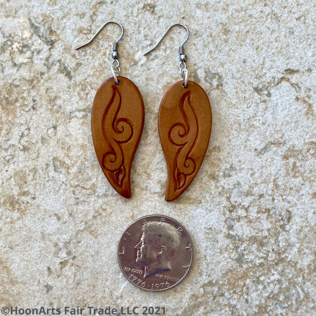 Hand Carved Earrings -Leaf with Swirl | HoonArts 4