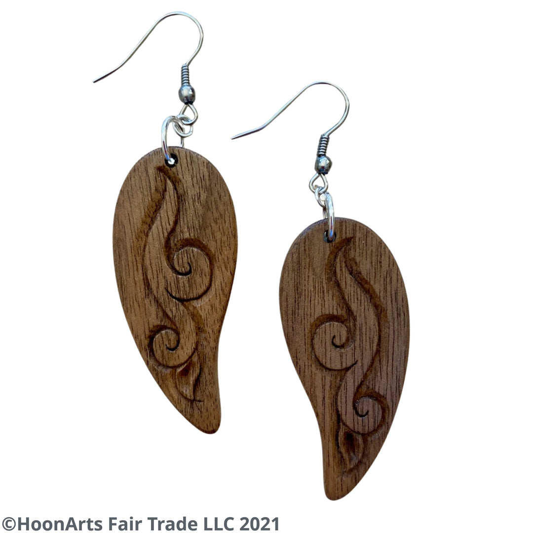 Hand Carved Earrings -Leaf with Swirl | HoonArts 8