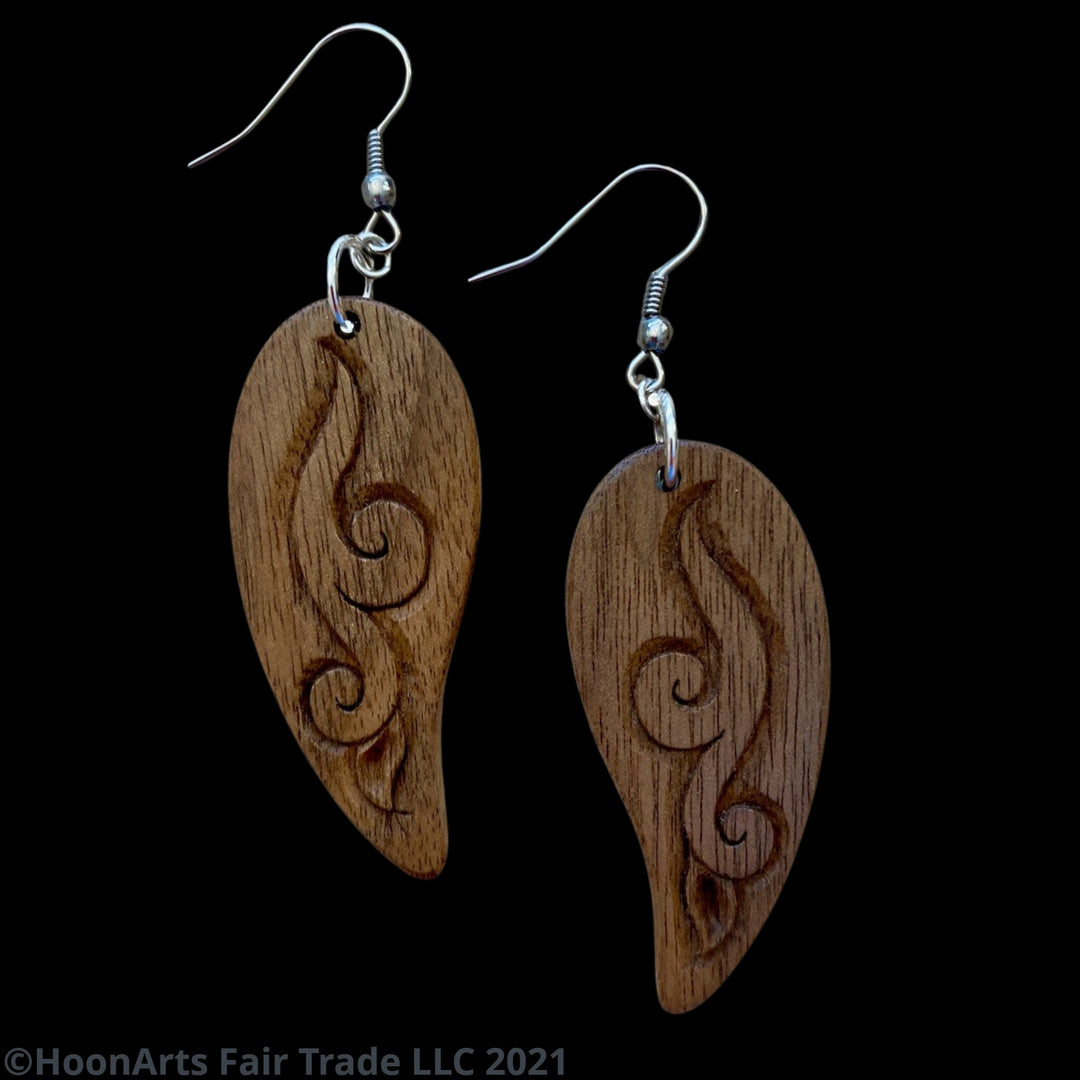 Hand Carved Earrings -Leaf with Swirl | HoonArts 9