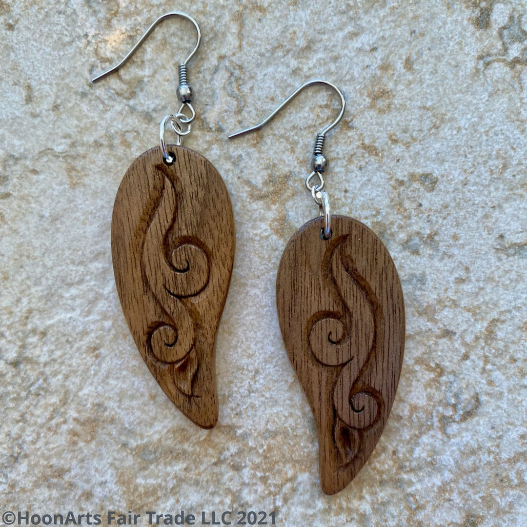 Hand Carved Earrings -Leaf with Swirl | HoonArts 7