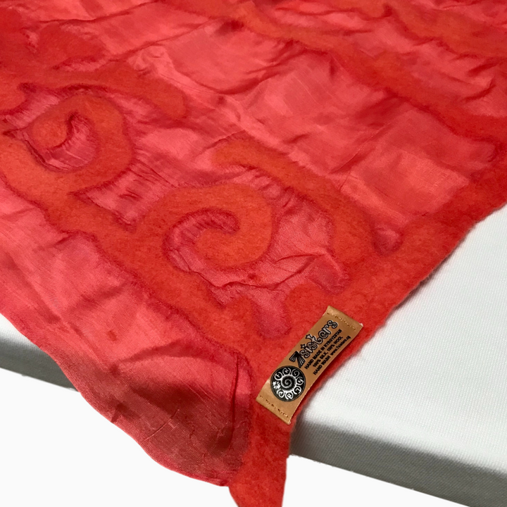 Handmade Coral Felted Silk Scarf with Tribal Patterns from Kyrgyzstan