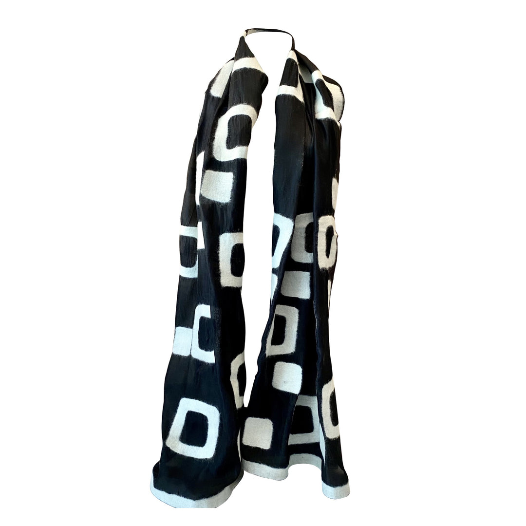 Kyrgyz Felted Silk Shawl-White Rectangles on Black Silk worn as a scarf