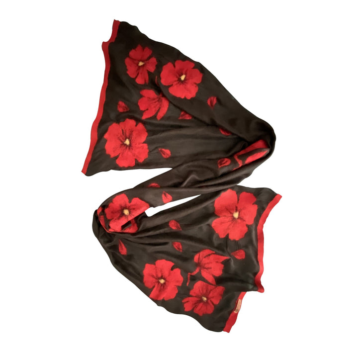 red poppies on black silk scarf