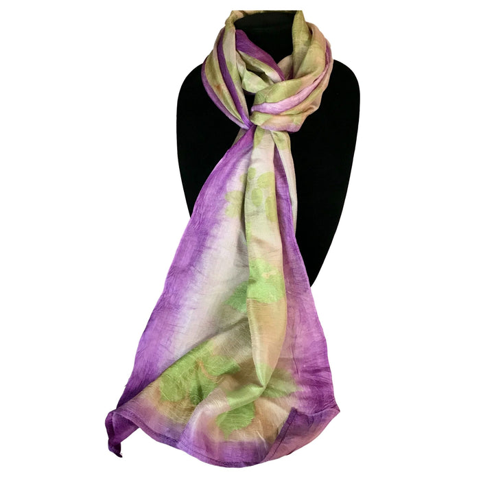 Handwoven silk scarf -Seven Sisters-eco-printed with purple accents