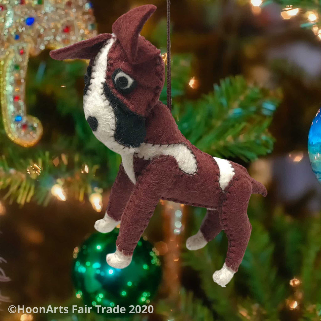 Brown & White Felt Boxer Dog-Handmade Christmas Ornament, hanging from brightly decorated Christmas tree