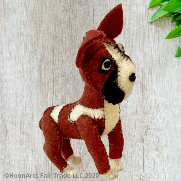 Perky little handmade felt Boxer dog-handmade Christmas ornament, brown with white splotches