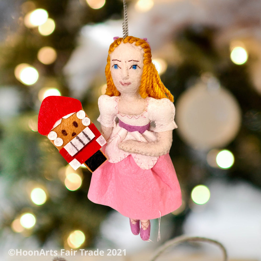 Clara from the Nutcracker Handmade Felt Christmas Ornament left angle background 2