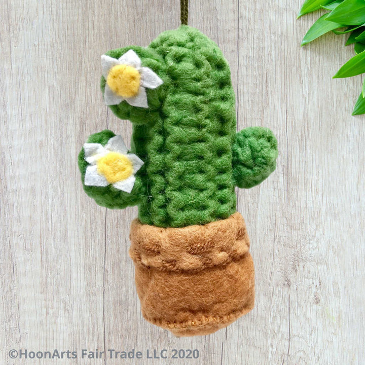 Handmade felt Christmas ornament-saguaro cactus in a pot with two blossoms