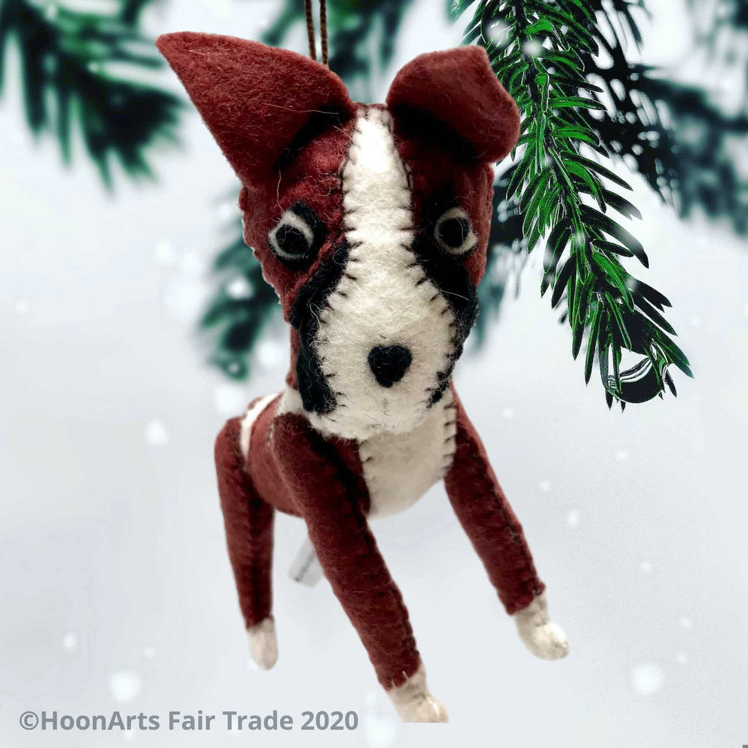 Handmade Felt Christmas Ornament-Dark brown and white Boxer dog hanging from pine branches of a Christmas tree