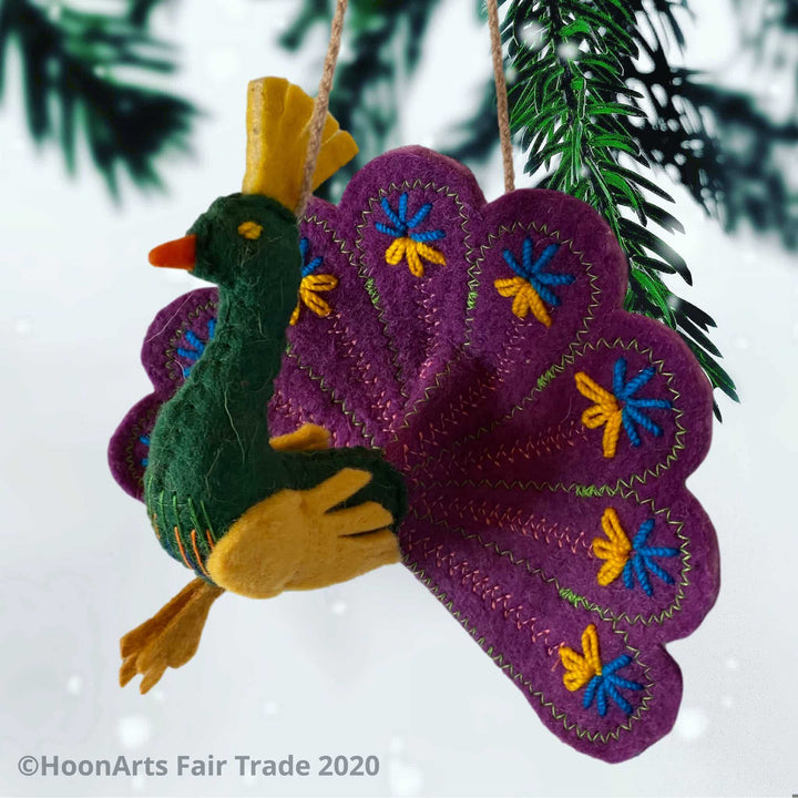 Handmade felt Christmas ornament -peacock with green body, yellow side and head feathers and purple fan display