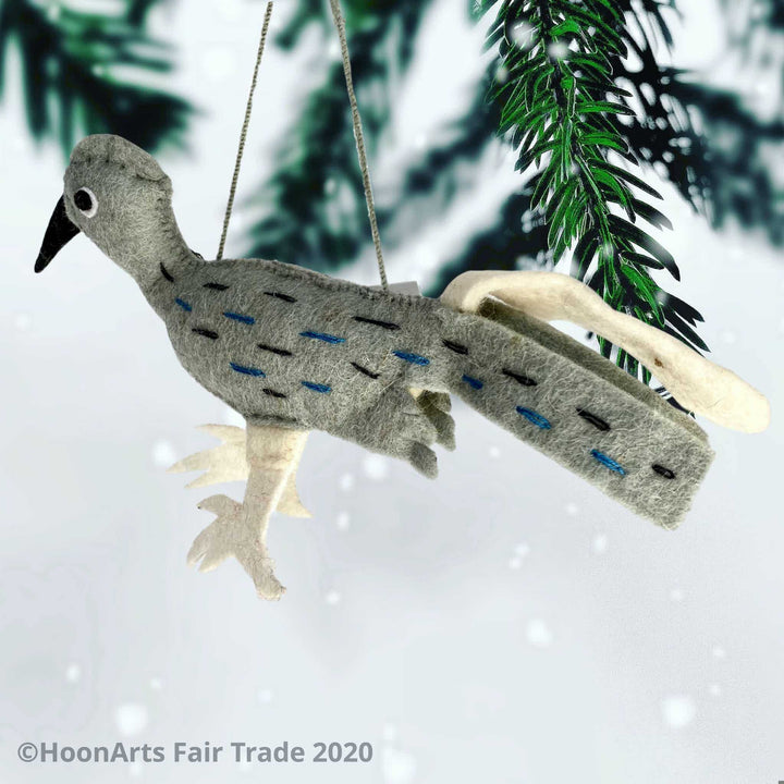 Handmade Felt Roadrunner Christmas Ornament-Grey with black beak, white feet and white tail feather