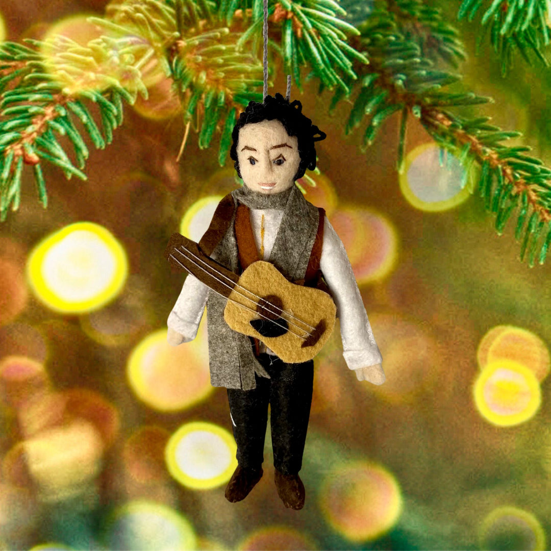 Felt Christmas ornament-Bob Dylan the musician with guitar with Christmas lights in background| HoonArts