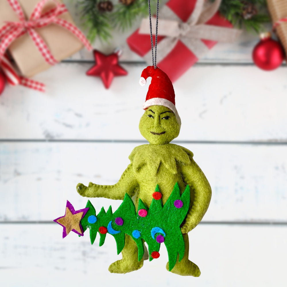 Grumpy Grinch plots to ruin Christmas Felted Ornament