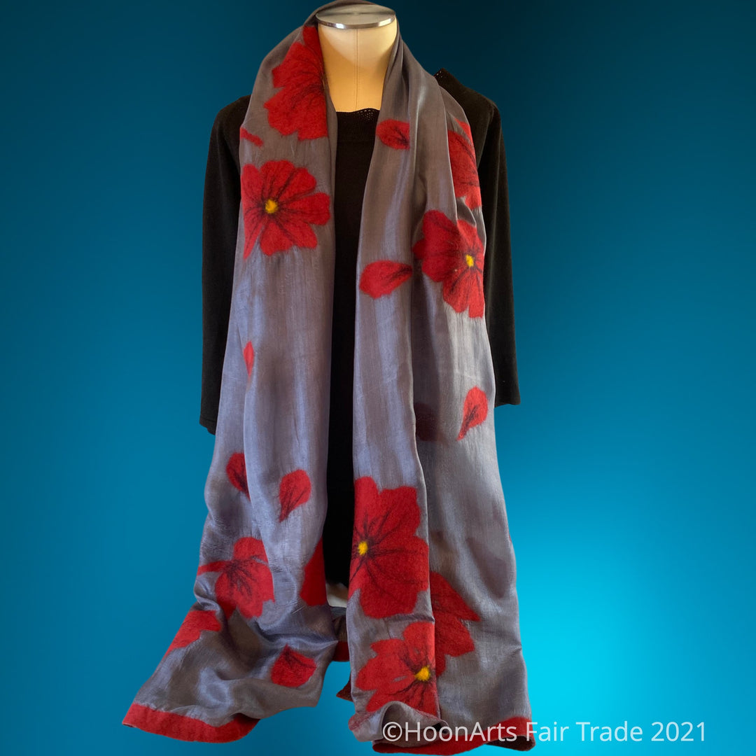 Kyrgyz Silk and Felted Scarf, Alumni Red Poppies on Grey Silk