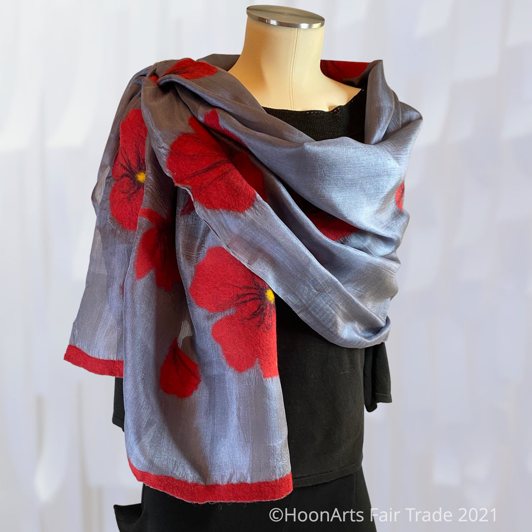 Kyrgyz Silk and Felted Scarf, Alumni Red Poppies on Grey Silk