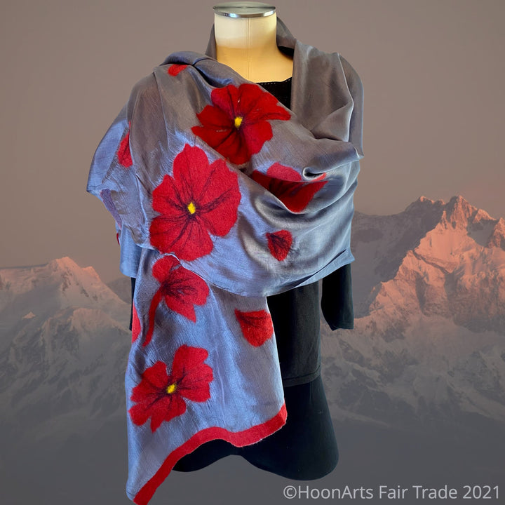 Kyrgyz Silk and Felted Scarf, Alumni Red Poppies on Grey Silk