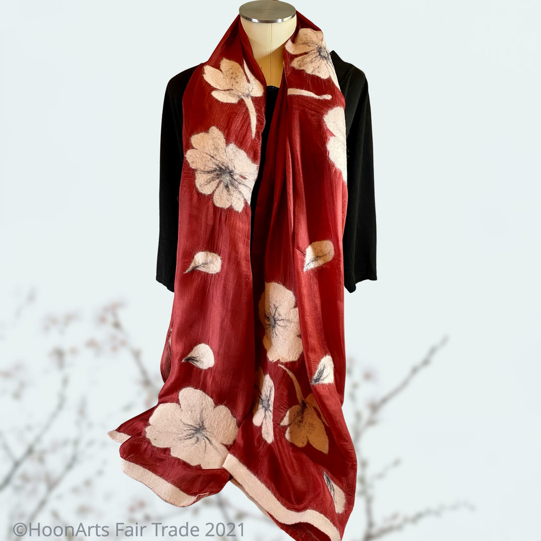 Handmade Felted Scarf from Kyrgyzstan-Alumni White Poppies on Red Silk | HoonArts