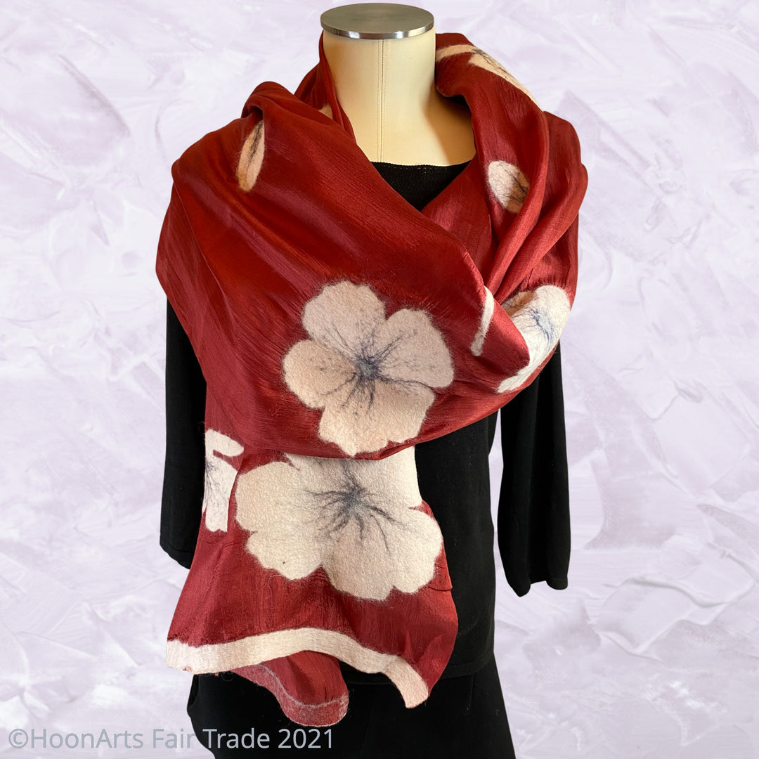 Handmade Felted Scarf from Kyrgyzstan-Alumni White Poppies on Red Silk, Short | HoonArts