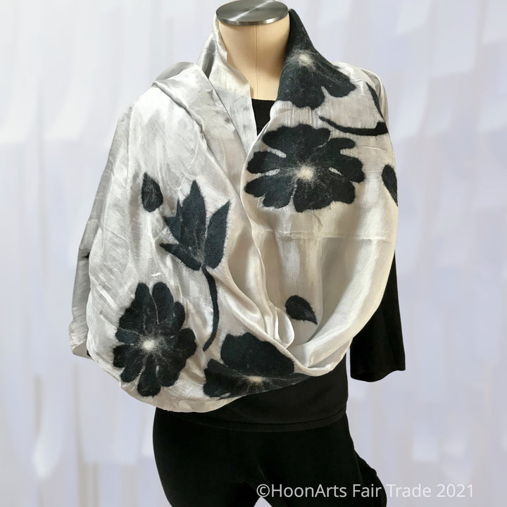 Silk and Felted Scarf, Black Poppies on White Silk - Handmade in Kyrgyzstan