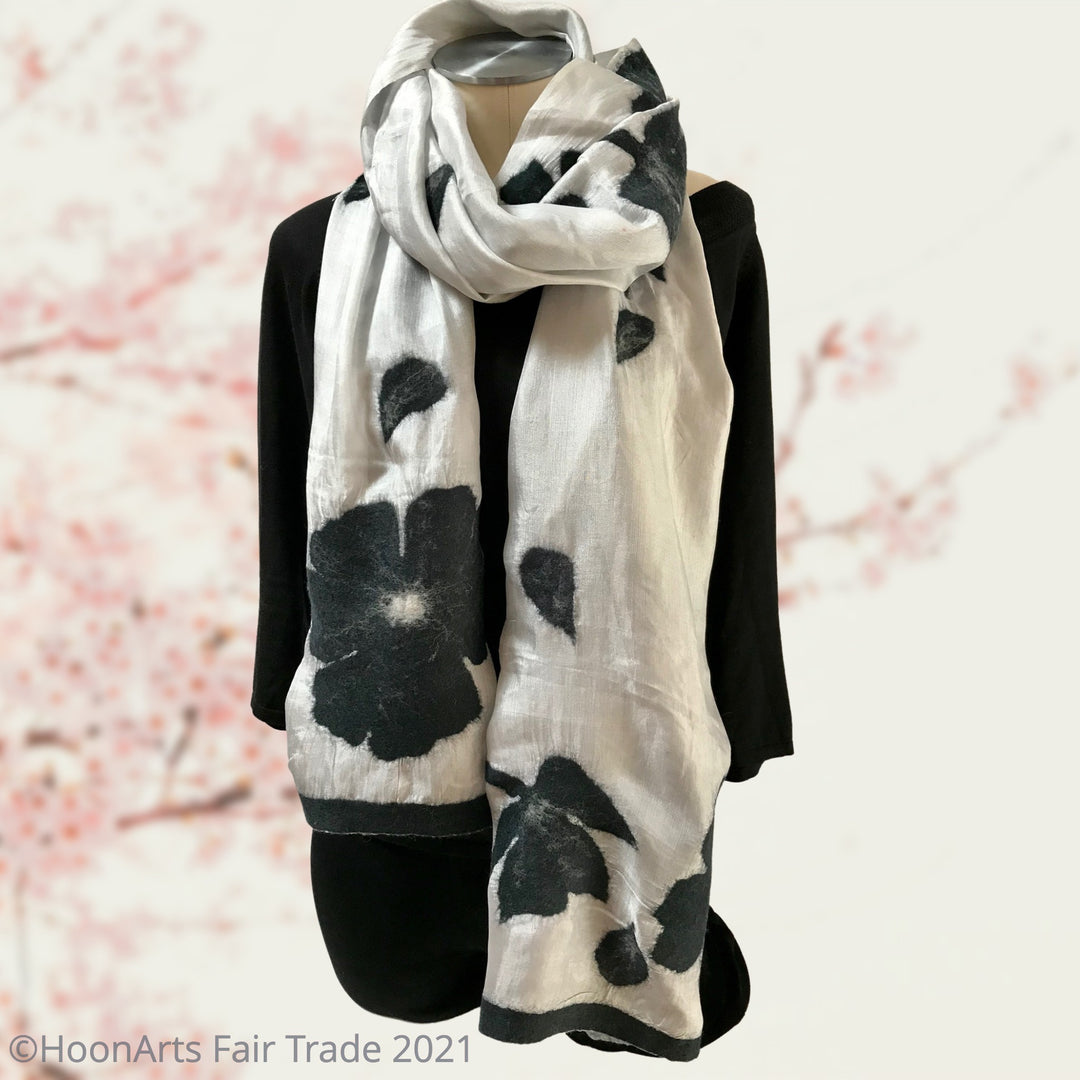 Silk and Felted Scarf, Black Poppies on White Silk - Handmade in Kyrgyzstan