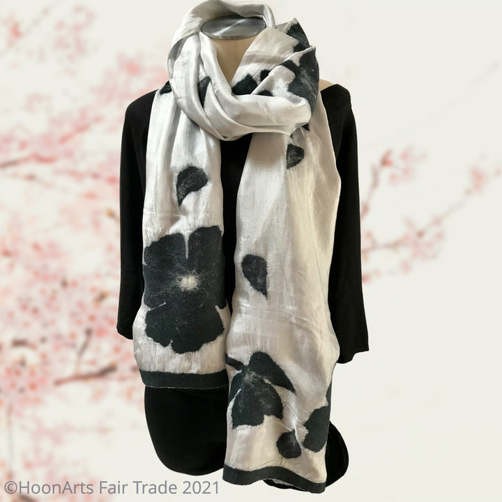 Silk and Felted Scarf, Black Poppies on White Silk - Handmade in Kyrgyzstan