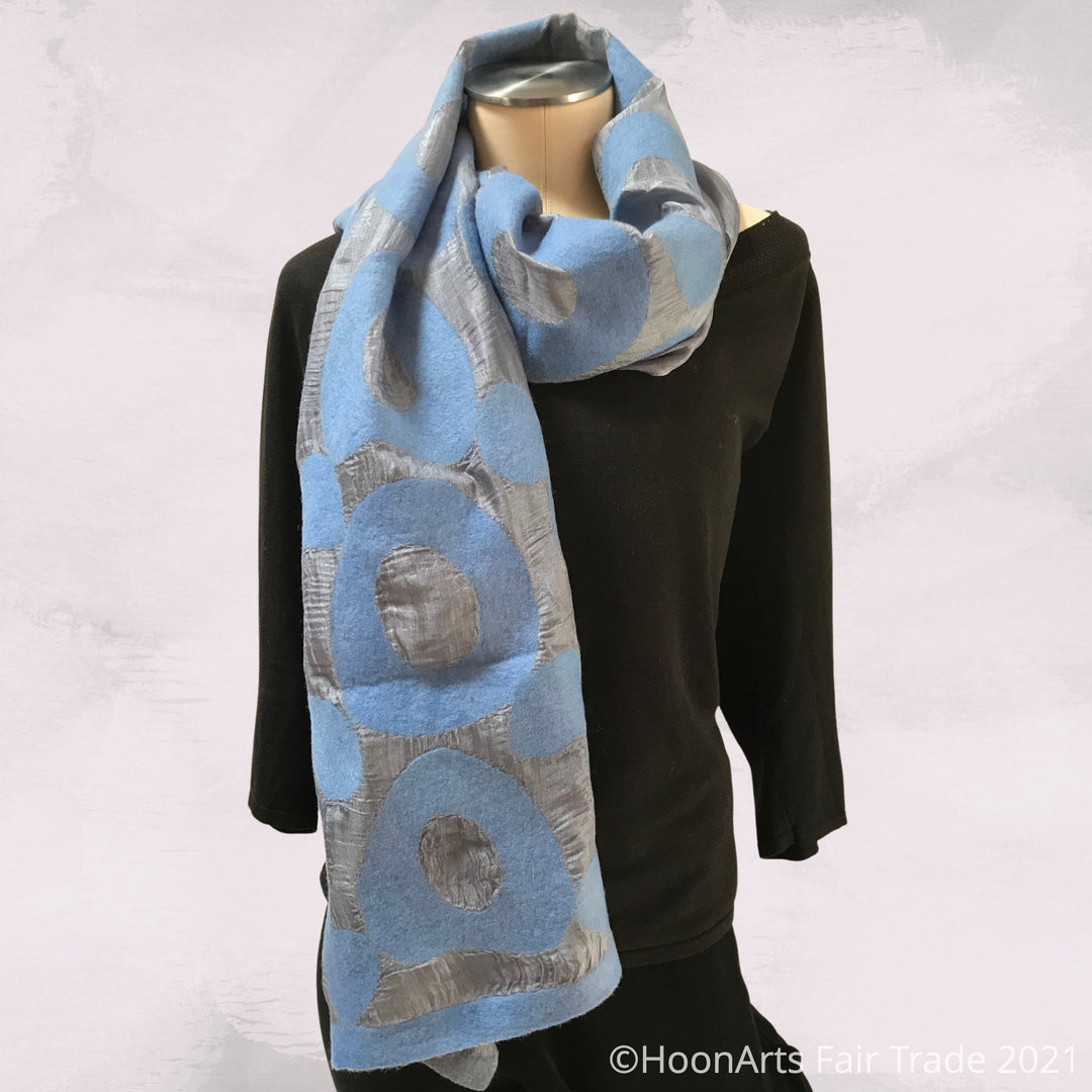 Hand-felted Silk Scarf/Shawl, Blue Circles on Light Grey - made in Kyrgyzstan