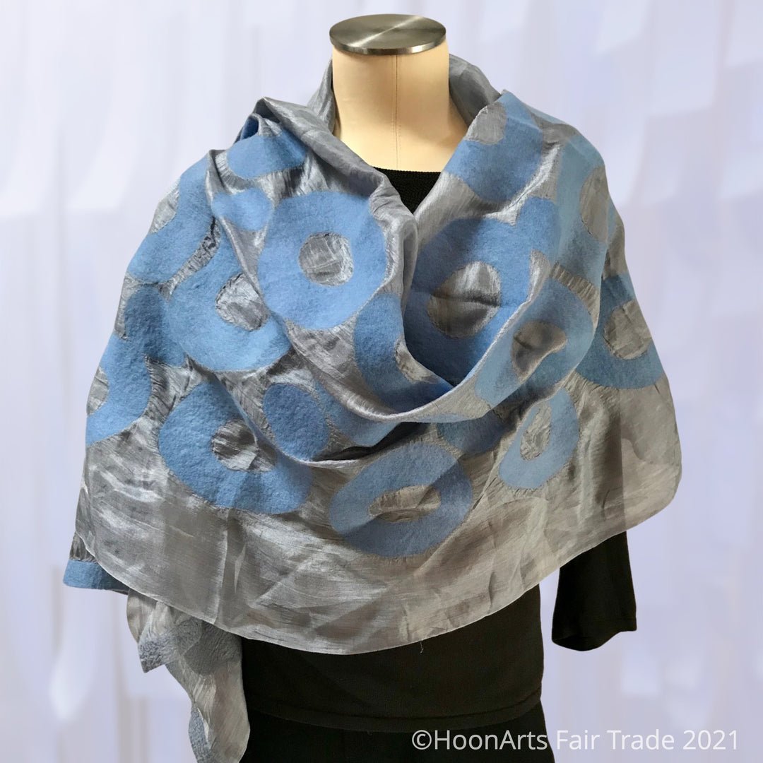 Hand-felted Silk Scarf/Shawl, Blue Circles on Light Grey - made in Kyrgyzstan