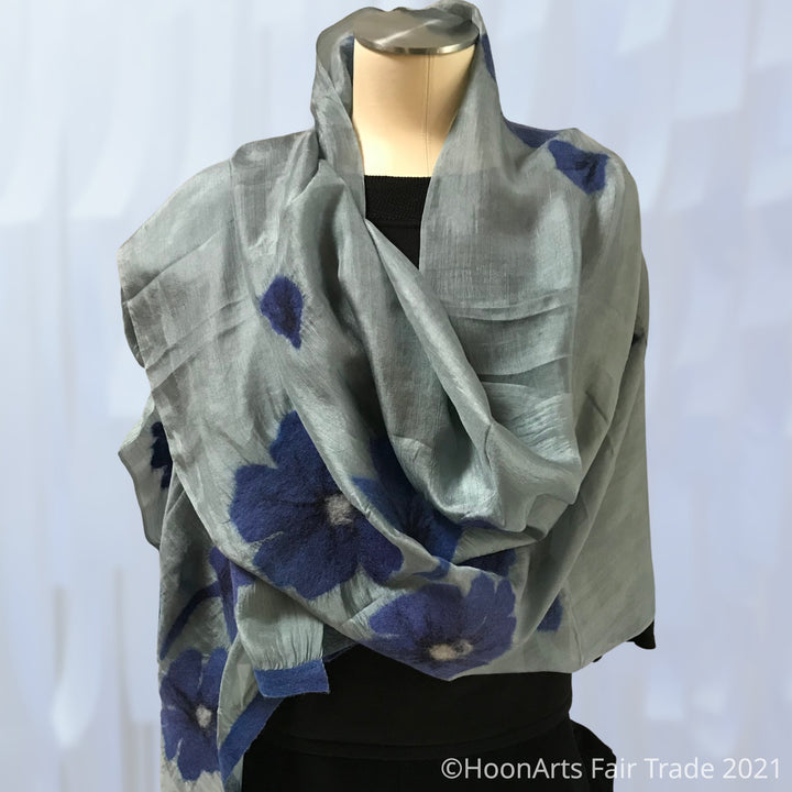 Handmade Felted Scarf from Kyrgyzstan-Periwinkle Blue Poppies on Light Grey Silk   | HoonArts