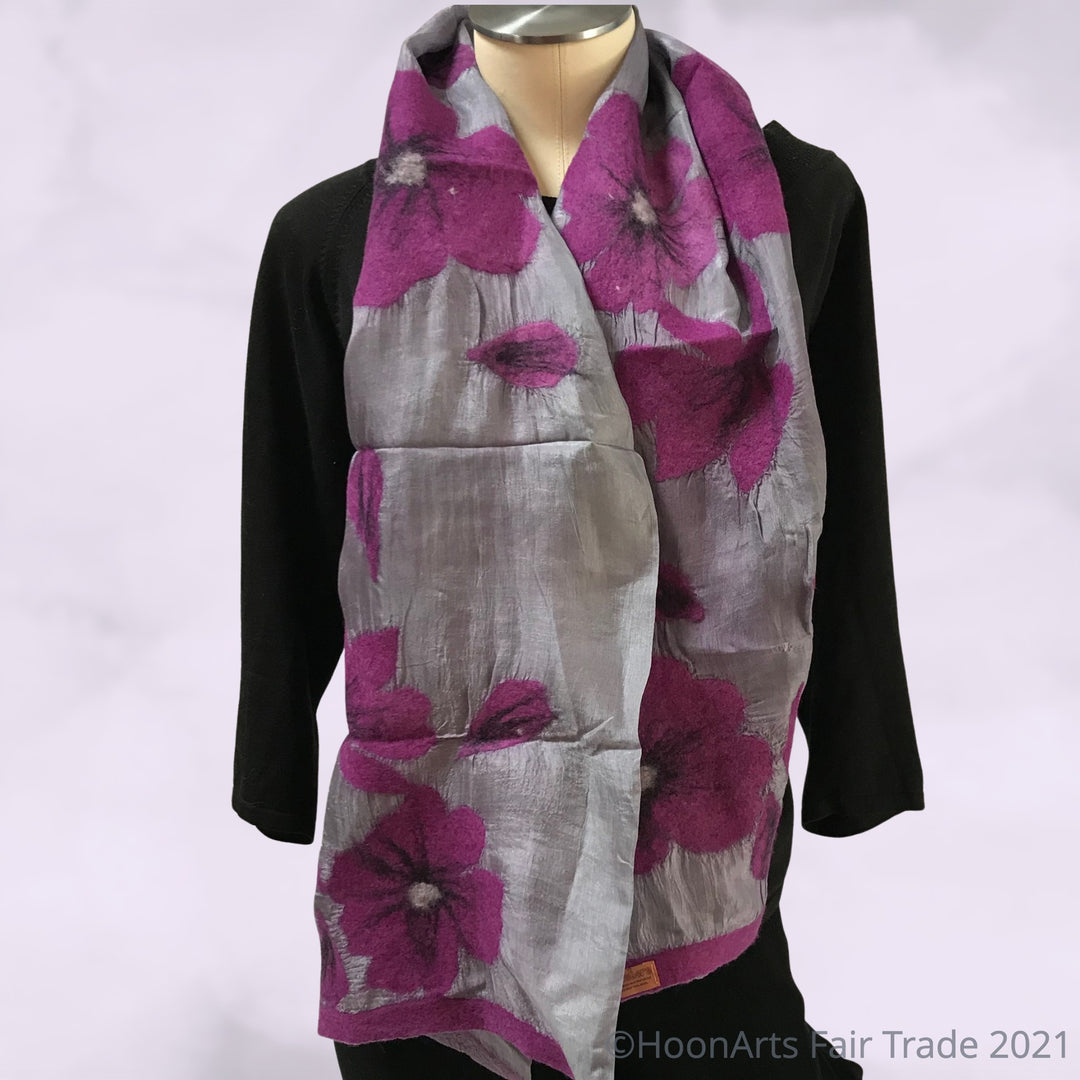 Kyrgyz Silk and Felted Scarf, Purple Flowers on Grey