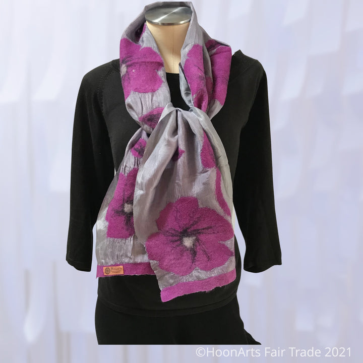 Kyrgyz Silk and Felted Scarf, Purple Flowers on Grey