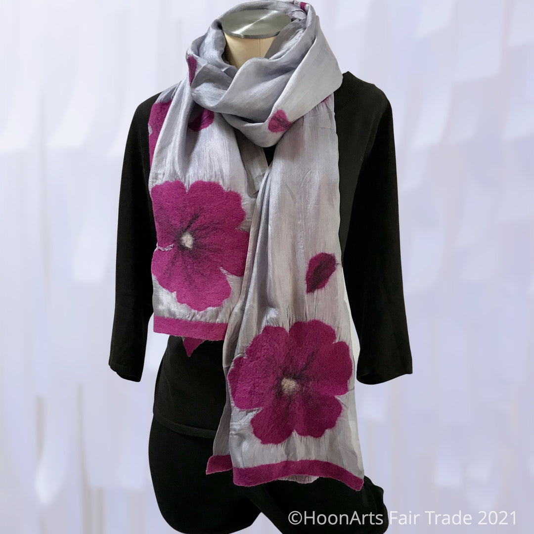 Kyrgyz Silk and Felted Scarf, Purple Flowers on Grey