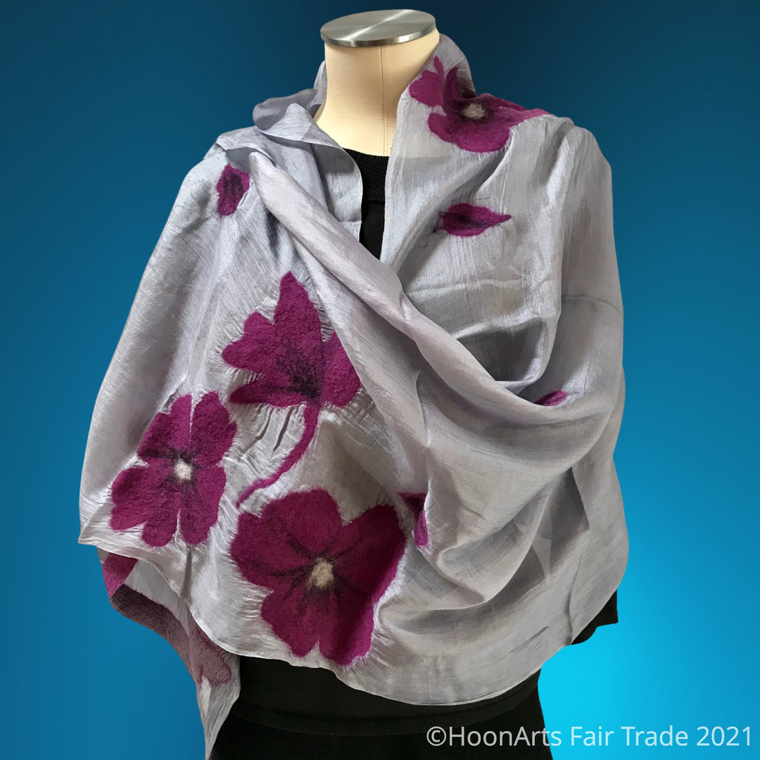 Kyrgyz Silk and Felted Scarf, Purple Flowers on Grey